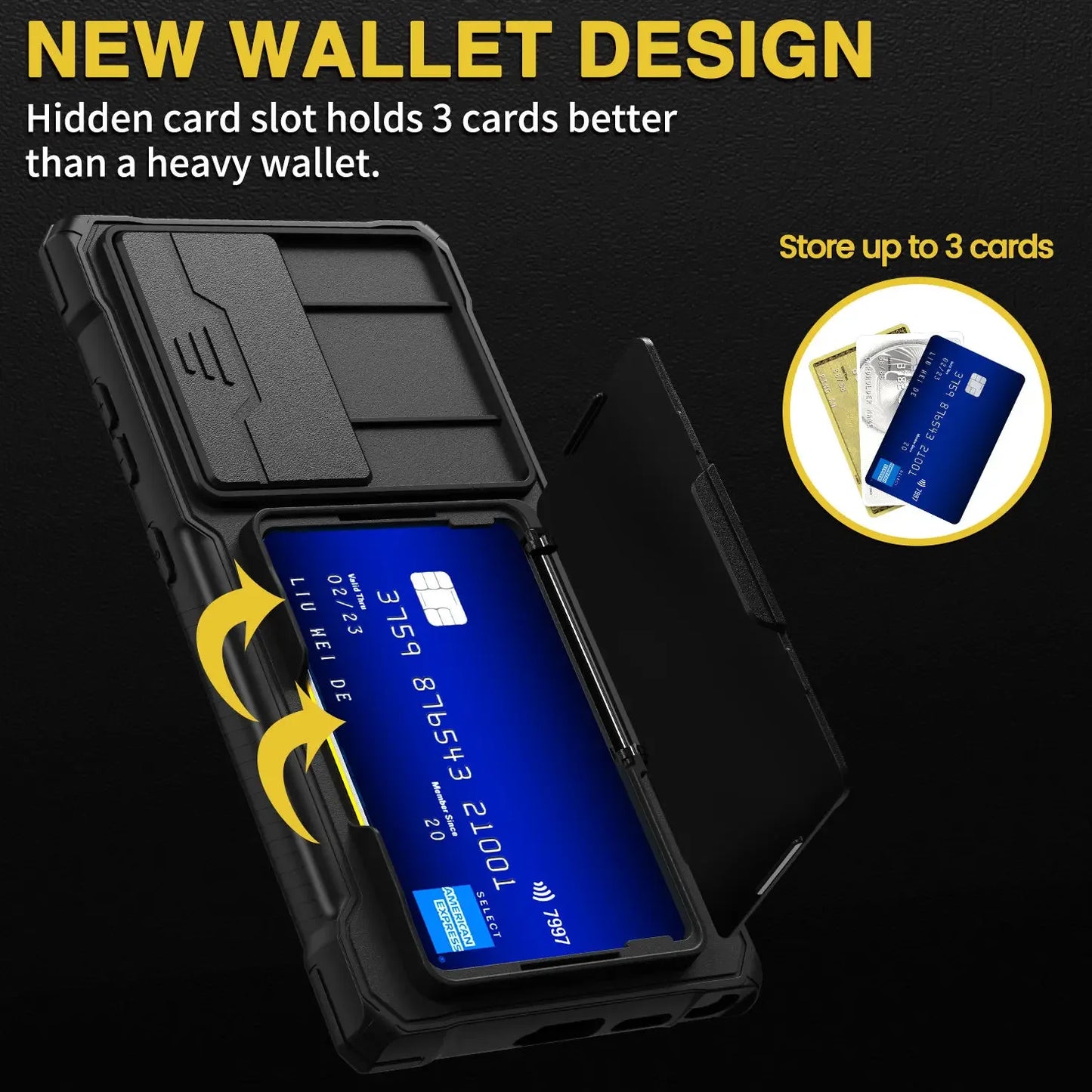 for Samsung Galaxy S24 Ultra Case with Card Holder (3 Cards) & Slide Camera Cover & Kickstand, Military Grade Drop Protection