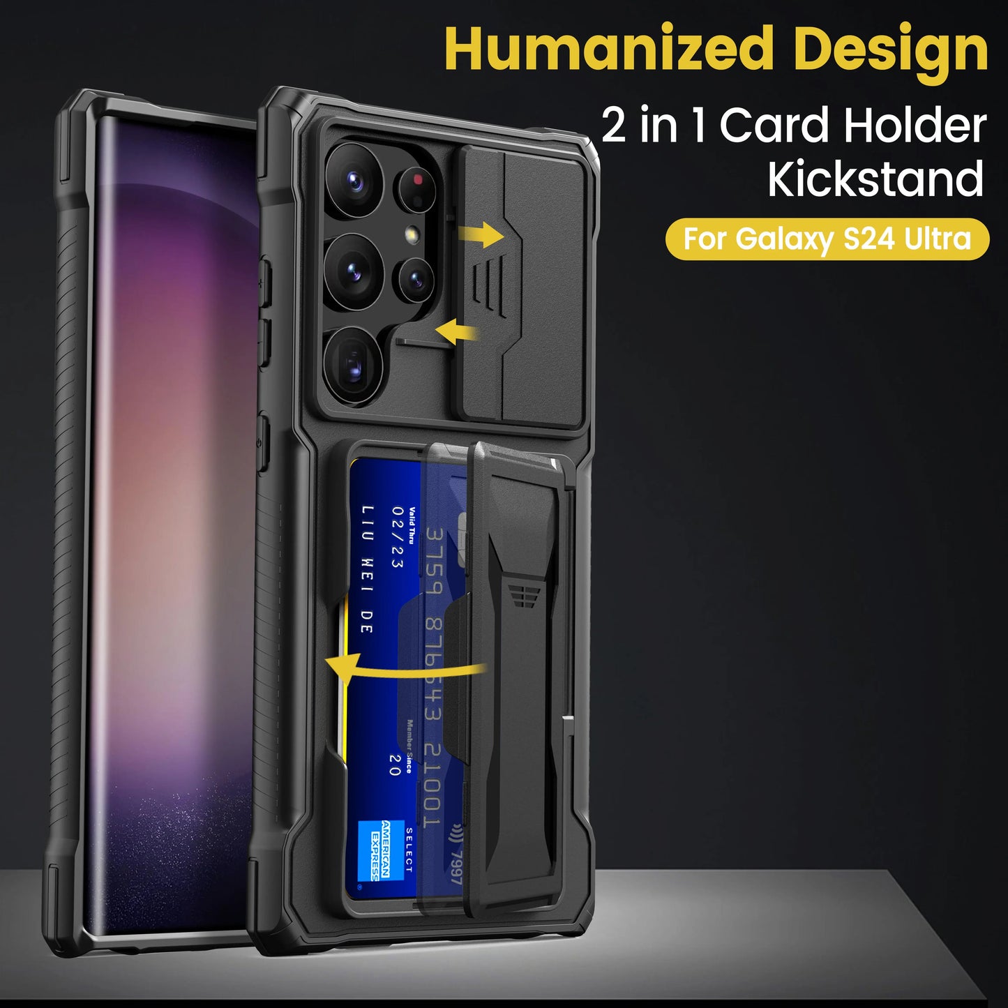 for Samsung Galaxy S24 Ultra Case with Card Holder (3 Cards) & Slide Camera Cover & Kickstand, Military Grade Drop Protection